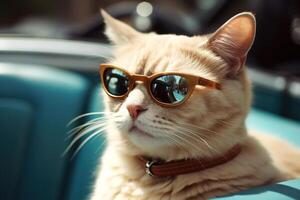 ai généré cool chat dans des lunettes de soleil équitation dans voiture en plein air, marrant animal de compagnie dans convertible sur route voyage. animal génératif ai photo