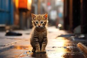 ai généré solitaire triste mignonne chaton en plein air photo