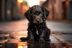 ai généré humide triste perdu chiot sur rue, mignonne sans abri animal de compagnie chien séance sur chaussée et à la recherche à caméra photo