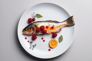 ai généré poisson plat avec des fruits et baies sur blanc plaque, minimaliste portion. génératif ai photo