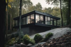 ai généré moderne pays maison dans le forêt. génératif ai photo