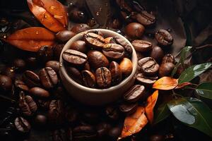 ai généré Haut vue parfumé café marron rôti des haricots dans une tasse, l'eau gouttes et feuilles photo