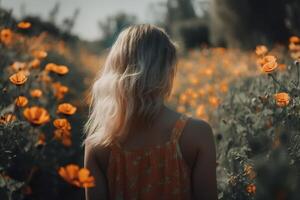 ai généré mignonne caucasien Jeune blond femme dans été robe dans champ de épanouissement Orange fleurs, retour voir. génératif ai photo