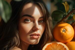 ai généré portrait de sensuel Jeune femme dans agrumes fruit jardin, éco produits de beauté peau et cheveux se soucier concept. jolie caucasien modèle et des oranges sur branche sur ensoleillé journée. génératif ai photo