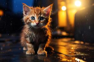 ai généré humide triste chaton en plein air sur une pluvieux nuit, perdu mignonne solitaire gingembre animal photo