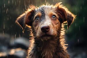 ai généré portrait de une mignonne solitaire triste chien en plein air, une humide animal de compagnie sur une pluvieux après midi photo