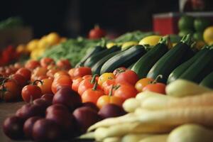 ai généré rangée de Frais ferme des légumes pour vente sur Extérieur marché décrochage, sélectif se concentrer. génératif ai photo