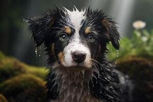 ai généré portrait de une humide triste chien en plein air sur une pluvieux journée photo