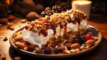 ai généré gâteau avec des noisettes et raisins secs sur une en bois Contexte. photo