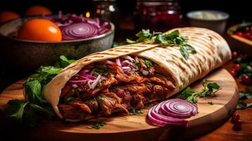 ai généré doner kebab - grillé Viande dans lavash avec des légumes. photo