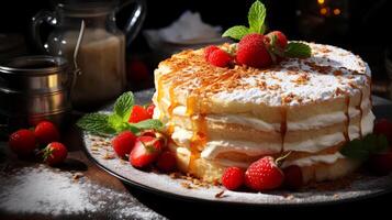 ai généré crêpe gâteau avec des fraises et fouetté crème sur une foncé Contexte. photo