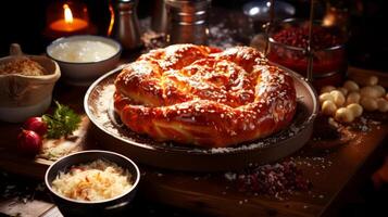 ai généré bretzel avec chou et mozzarella fromage sur en bois tableau. photo