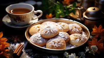 ai généré tasse de thé, biscuits et fleurs sur une en bois tableau. photo