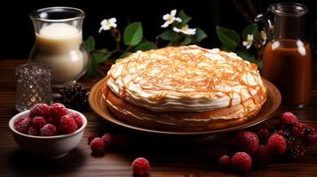 ai généré Crêpes avec framboises et mûres sur en bois tableau. photo