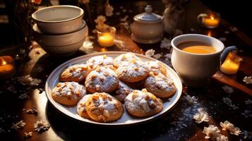 ai généré tasse de thé, biscuits et fleurs sur une en bois tableau. photo