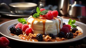 ai généré panna cotta avec caramel sauce et Frais baies sur une plaque. photo