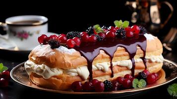 ai généré éclair avec crème et baies sur une en bois table dans une restaurant. photo