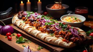 ai généré kebab avec Viande et des légumes sur une en bois planche. photo