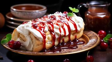 ai généré gâteau Rouleaux avec fraise sauce sur une blanc assiette sur une noir Contexte. photo