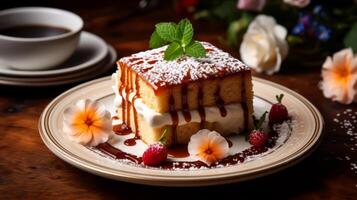 ai généré délicieux cheesecake avec framboises et menthe sur une en bois tableau. photo