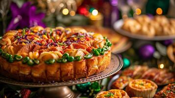 ai généré Roi gâteau avec vert, jaune, violet décor. table avec traditionnel mardi gras traite. ai génératif photo