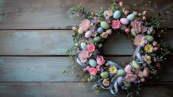 ai généré Pâques couronne fabriqué de printemps fleurs, saule brindilles, et Pâques des œufs sur en bois surface. ai généré photo