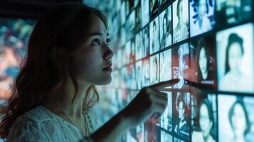 ai généré asiatique femme permanent dans de face de mur avec Photos de historique femmes. aux femmes histoire. ai généré