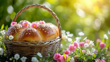ai généré rustique tissé panier avec traditionnel Pâques sucré pain. Frais printemps fleurs. ai généré photo