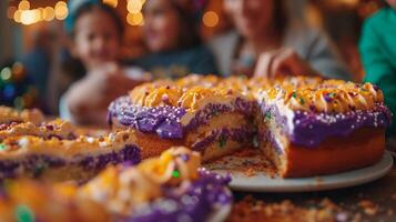 ai généré Roi gâteau avec vert, jaune, violet décor. table avec traditionnel mardi gras traite. ai génératif photo