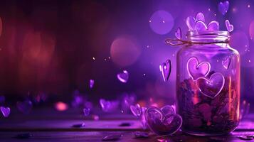 ai généré violet embrasé cœurs autour une pot créer une romantique Valentin toile de fond, ai généré photo