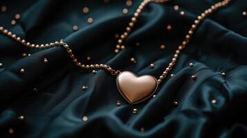 ai généré en forme de coeur pendentif sur noir chiffon, accentué avec or perles pour élégance, ai généré photo