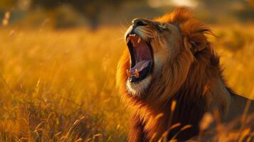 ai généré puissant Lion rugit majestueusement dans le vaste savane, affirmer dominance plus de ses territoire, ai généré. photo