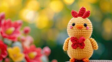 ai généré crocheté poulet jouet vibrant toile de fond, fabriqués à la main et adorable, ai généré photo