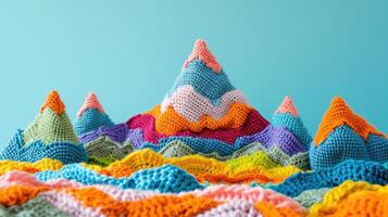 ai généré crocheté Montagne jouet vibrant toile de fond, fabriqués à la main et adorable, ai généré photo