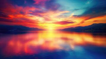 ai généré vibrant le coucher du soleil jette une coloré lueur plus de une serein lac, une tranquille scène, ai généré photo