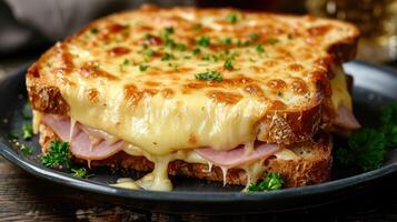ai généré une chaud sandwich avec gluant fondu fromage et sarriette jambon, ai généré. photo