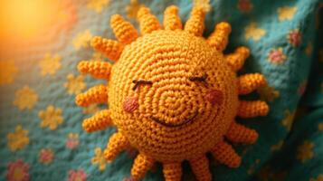 ai généré crocheté Soleil jouet vibrant toile de fond, fabriqués à la main et adorable, ai généré photo