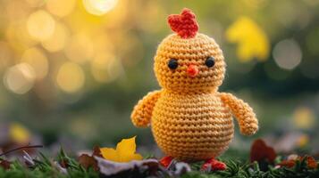 ai généré crocheté poulet jouet vibrant toile de fond, fabriqués à la main et adorable, ai généré photo