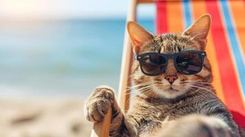 ai généré chat portant des lunettes de soleil se détend sur une transat contre une mer toile de fond, trempage en haut le soleil, ai généré. photo