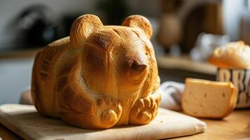 ai généré unique pain pain ressembler un ours repos sur une en bois tableau, ai généré photo
