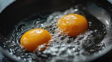 ai généré deux des œufs étant frit dans une la poêle avec eau, une cuisine chef-d'œuvre, ai généré. photo