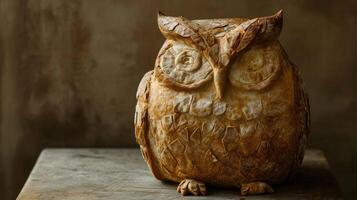 ai généré unique pain pain ressembler un hibou repos sur une en bois tableau, ai généré photo