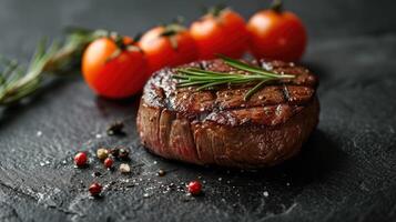 ai généré minimaliste nourriture La publicité photographier avec une l'eau à la bouche steak repas, ai généré photo