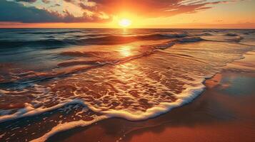 ai généré le coucher du soleil des peintures une tranquille plage avec d'or sables embrassé par doux vagues, ai généré photo