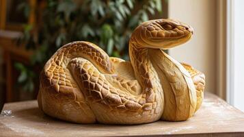 ai généré unique pain pain ressembler un cobra repos sur une en bois tableau, ai généré photo