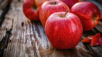 ai généré Frais rouge pommes sur une en bois surface, une rustique et attrayant afficher, ai généré. photo