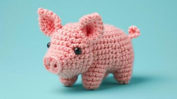 ai généré crocheté porc jouet vibrant toile de fond, fabriqués à la main et adorable, ai généré photo