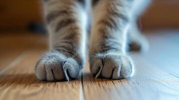 ai généré fermer de une chats pattes et tranchant les griffes sur le sol, prêt pour action, ai généré. photo