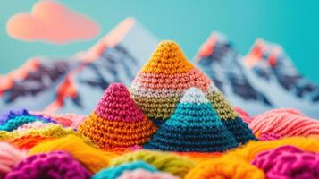 ai généré crocheté Montagne jouet vibrant toile de fond, fabriqués à la main et adorable, ai généré photo