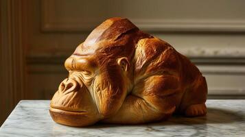 ai généré unique pain pain ressembler un gorille repos sur une en bois tableau, ai généré photo